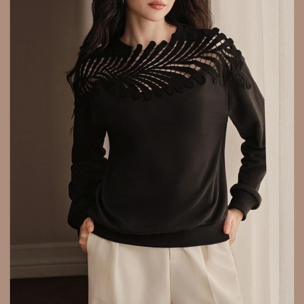 Black Cutout Feather Lace Yoke Round Neck Long Sleeve Sweatshirt